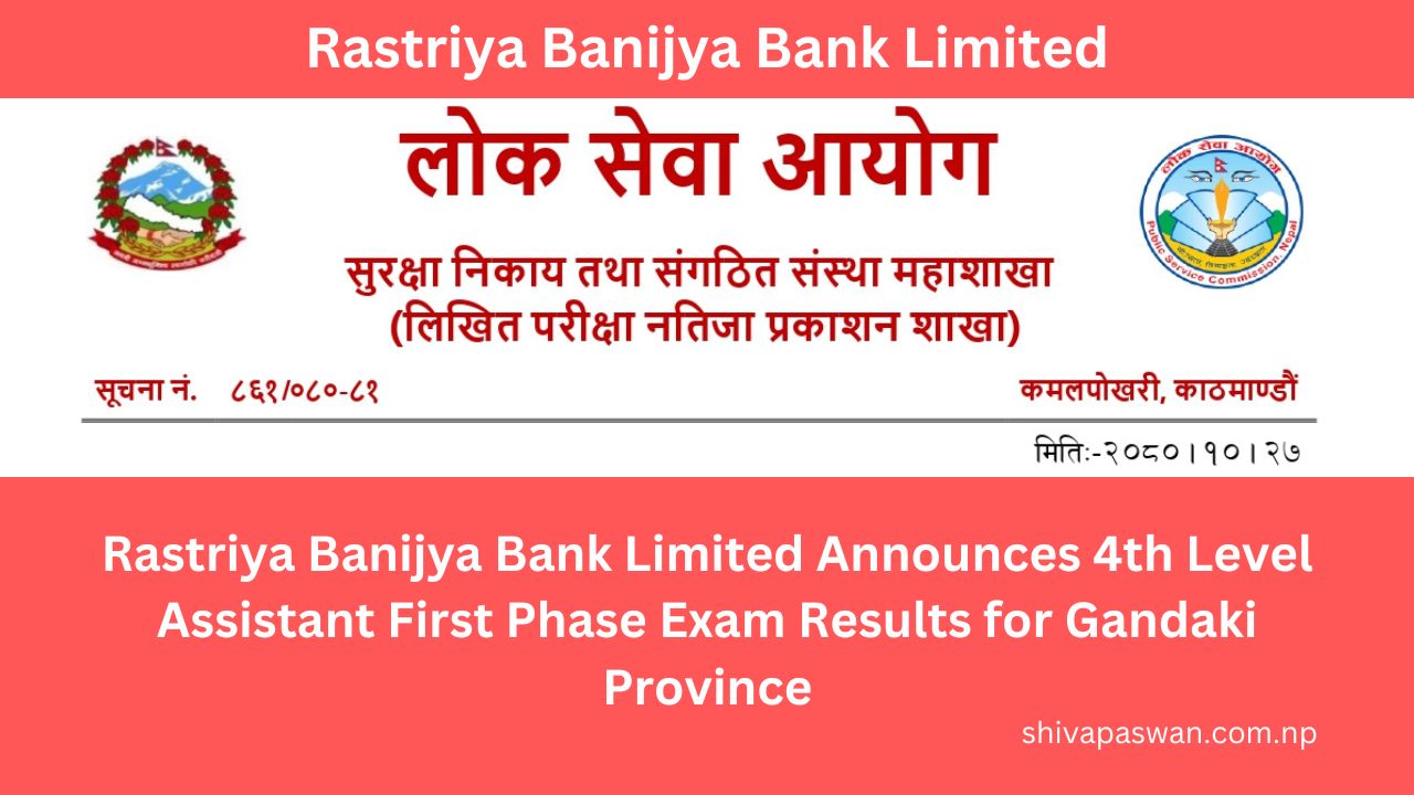 Rastriya Banijya Bank Limited Announces 4th Level Assistant First Phase Exam Results for Gandaki Province