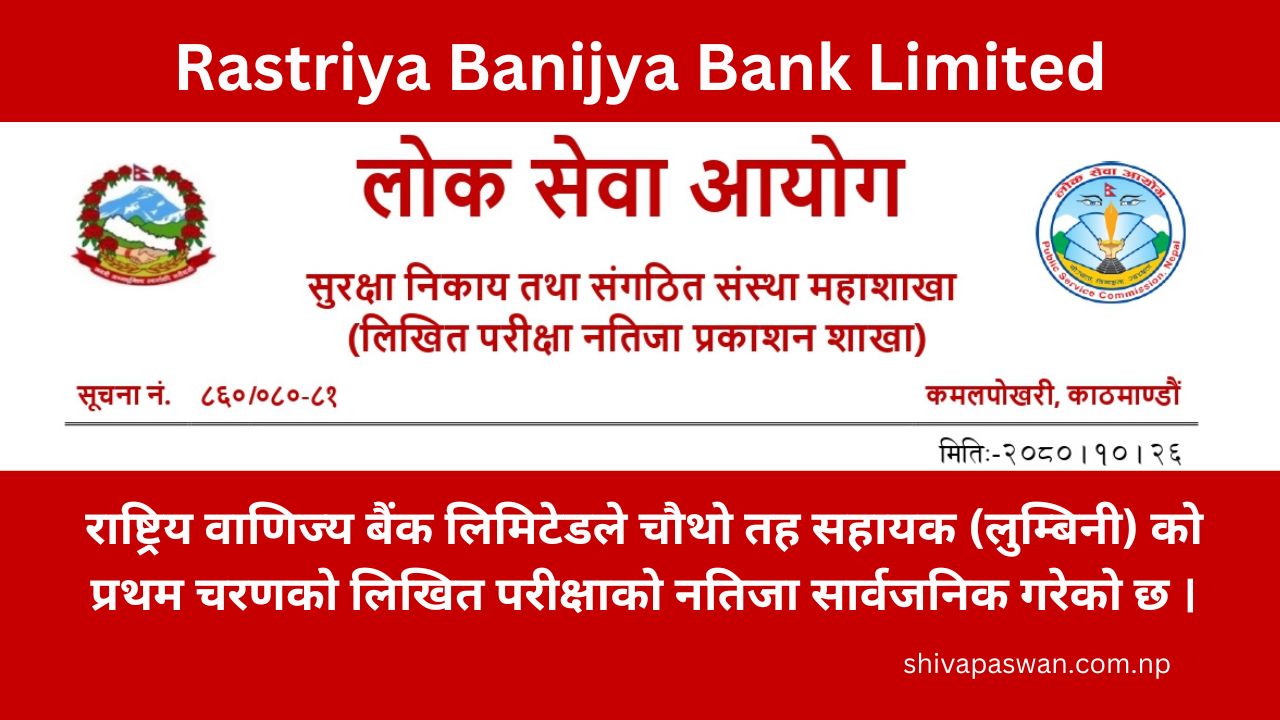 Rastriya Banijya Bank Limited First Phase Written Exam Result of 4th Level Assistant (Lumbini)