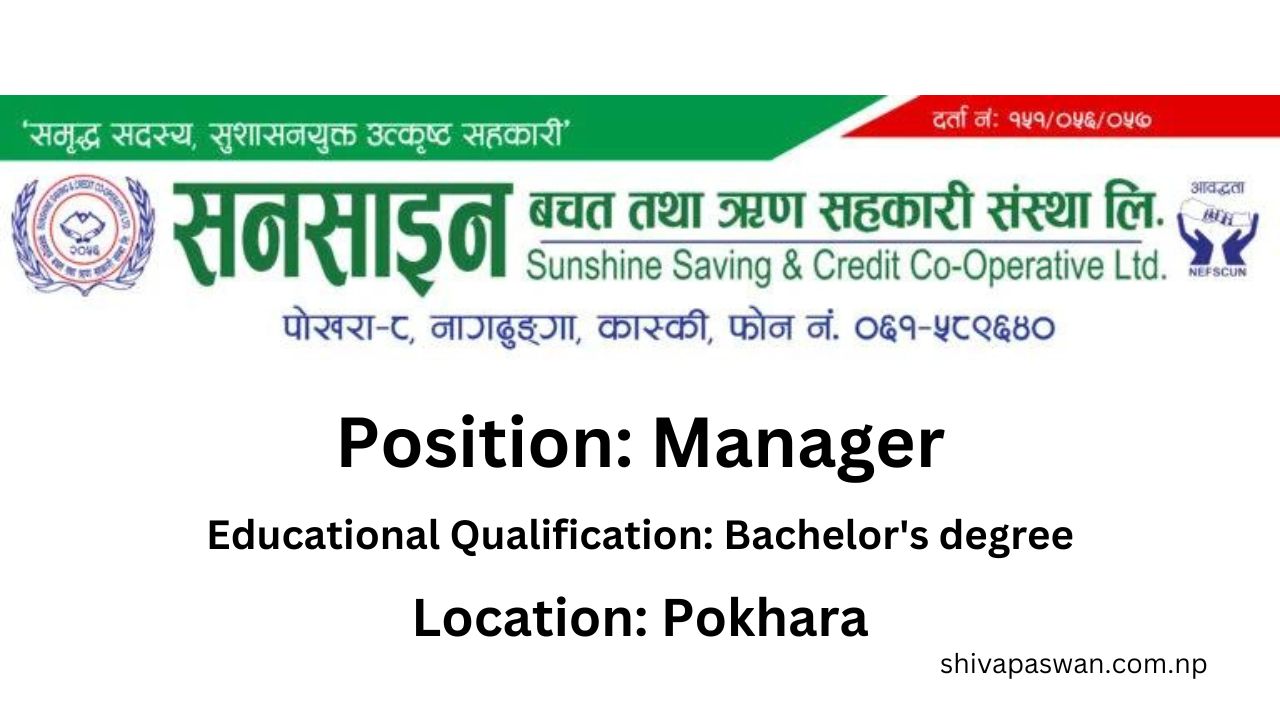 Sunshine Saving & Credit Cooperative Ltd Vacancy for Manager