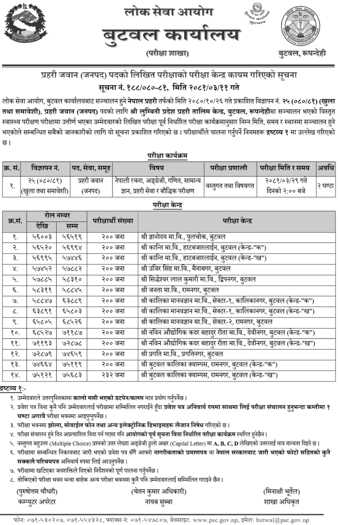 Notice of Exam Center for Written Examination of Prahari Jawan (Janapad) 2 Nepal Police Prahari Jawan Janapad Written Exam Center in Butwal 2081