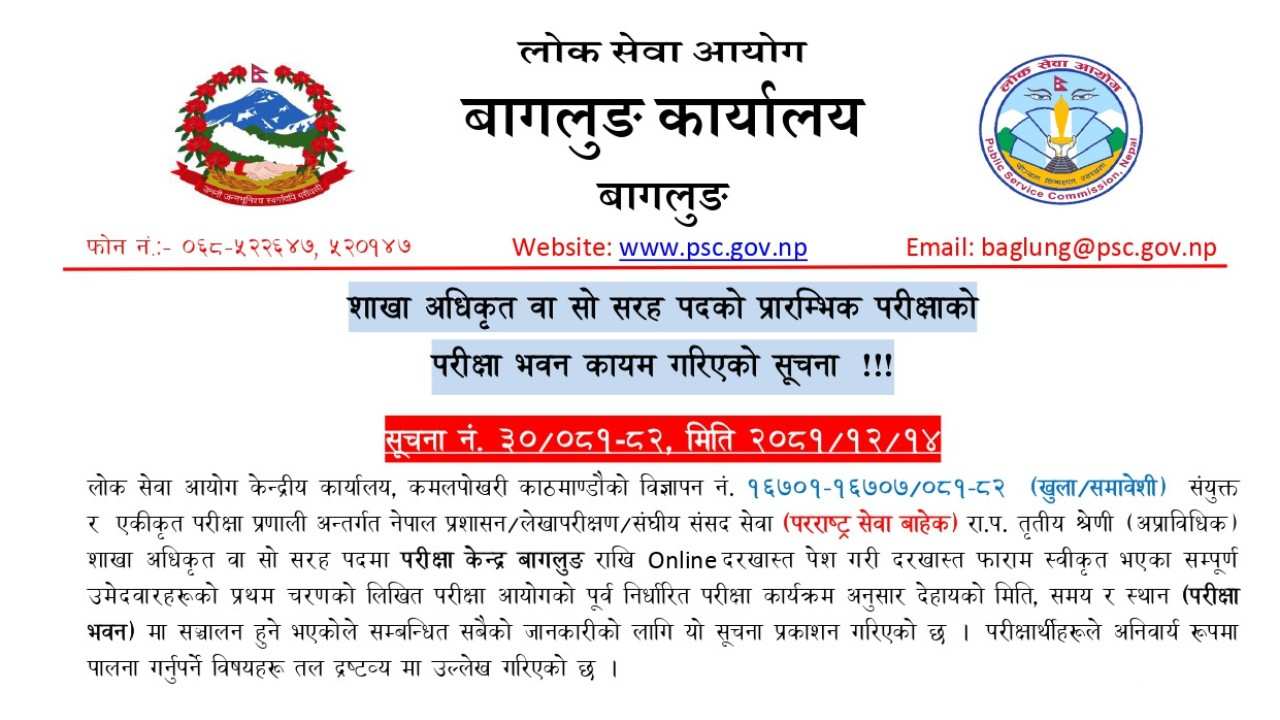 Lok Sewa Aayog Baglung Shakha Adhikrit First Phase Exam Center 2081