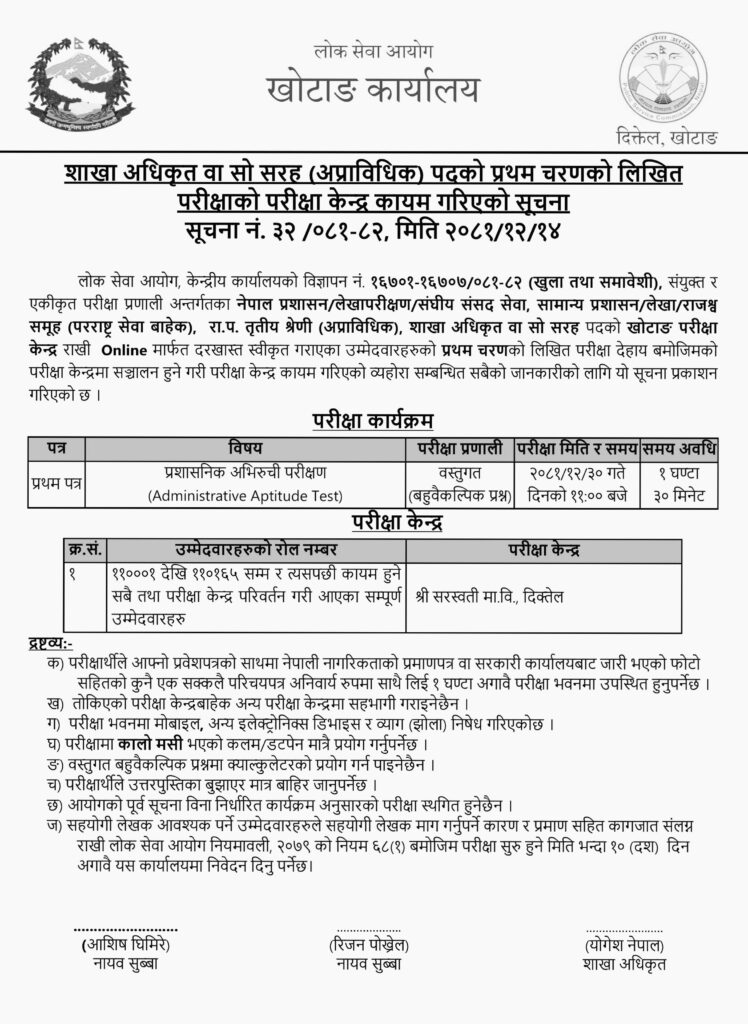 Lok Sewa Aayog First Phase of Section Officer Khotang Examination Center 2081