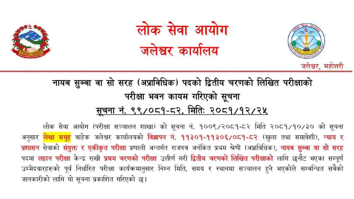 Lok Sewa Aayog Nayab Subba Second Phase Exam Center Lahan 2082