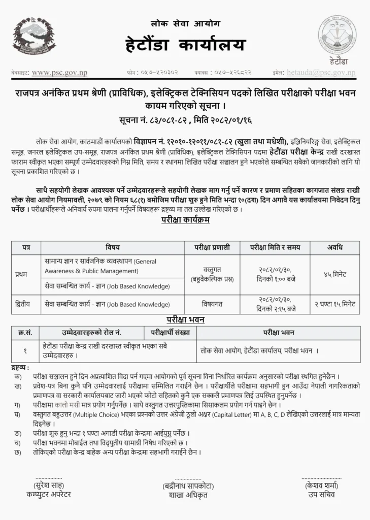 Lok Sewa Aayog Hetauda Electrical Technician Exam Center and Schedule 2082 2 Lok sewa aayog hetauda electrical technician exam center online