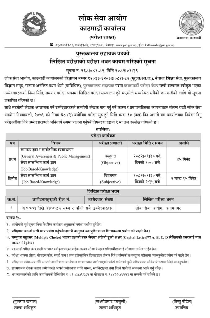 Lok Sewa Aayog Kathmandu Library Assistant Exam Center and Schedule 2082 2 PSC Kathmandu Library Assistant Exam Centers 2082