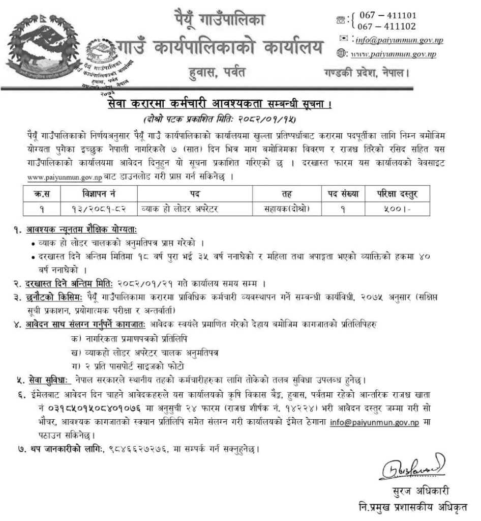 Paiyun Rural Municipality Vacancy for Backhoe Loader Operator 2082 1