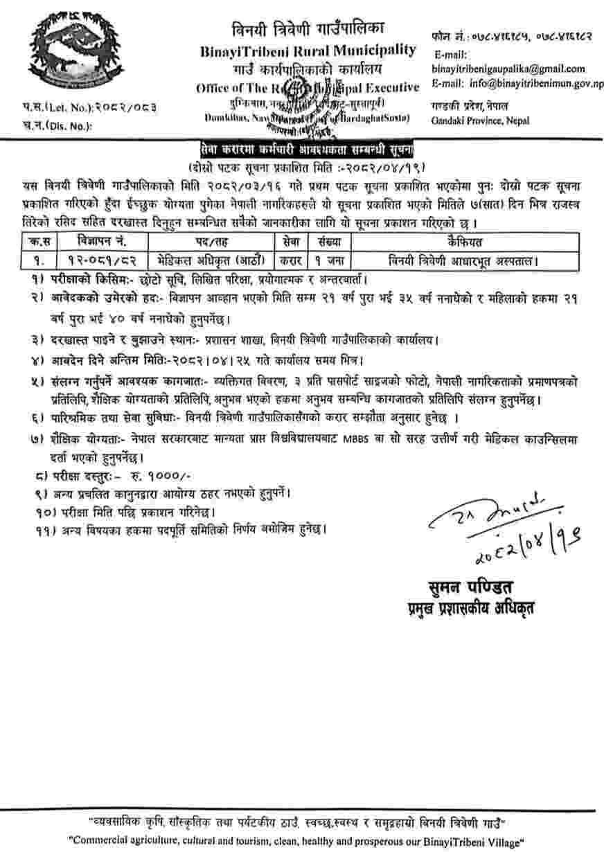 Binayi Tribeni Gaunpalika Job Vacancy 2082 – Medical Officer (Level 8) Announcement 2 Binayi Tribeni Municipality Level 8 Doctor Job 2082