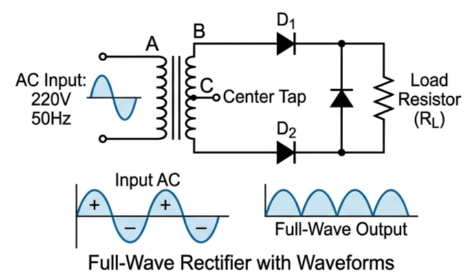 Full Wave Rectifier with Waveforms AC and DC