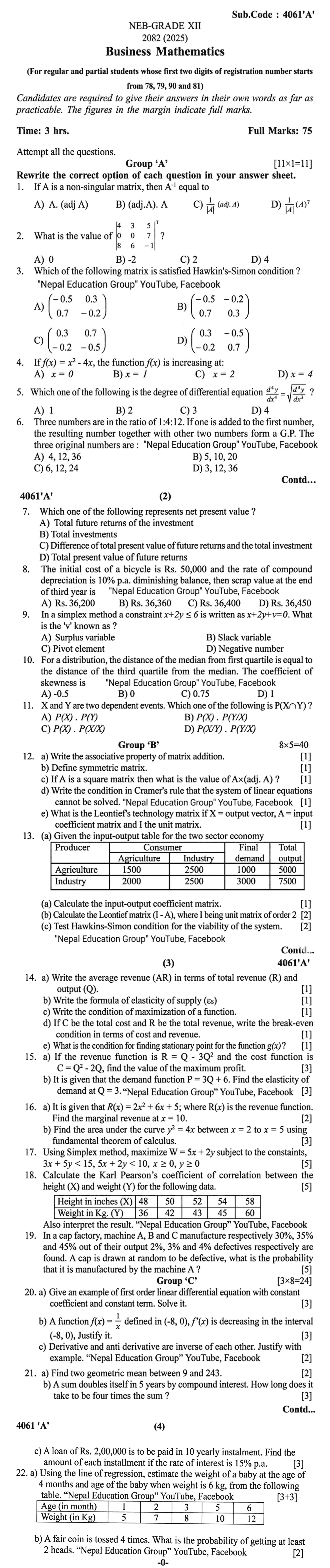 NEB Class 12 Business Math Model Question 2082 83