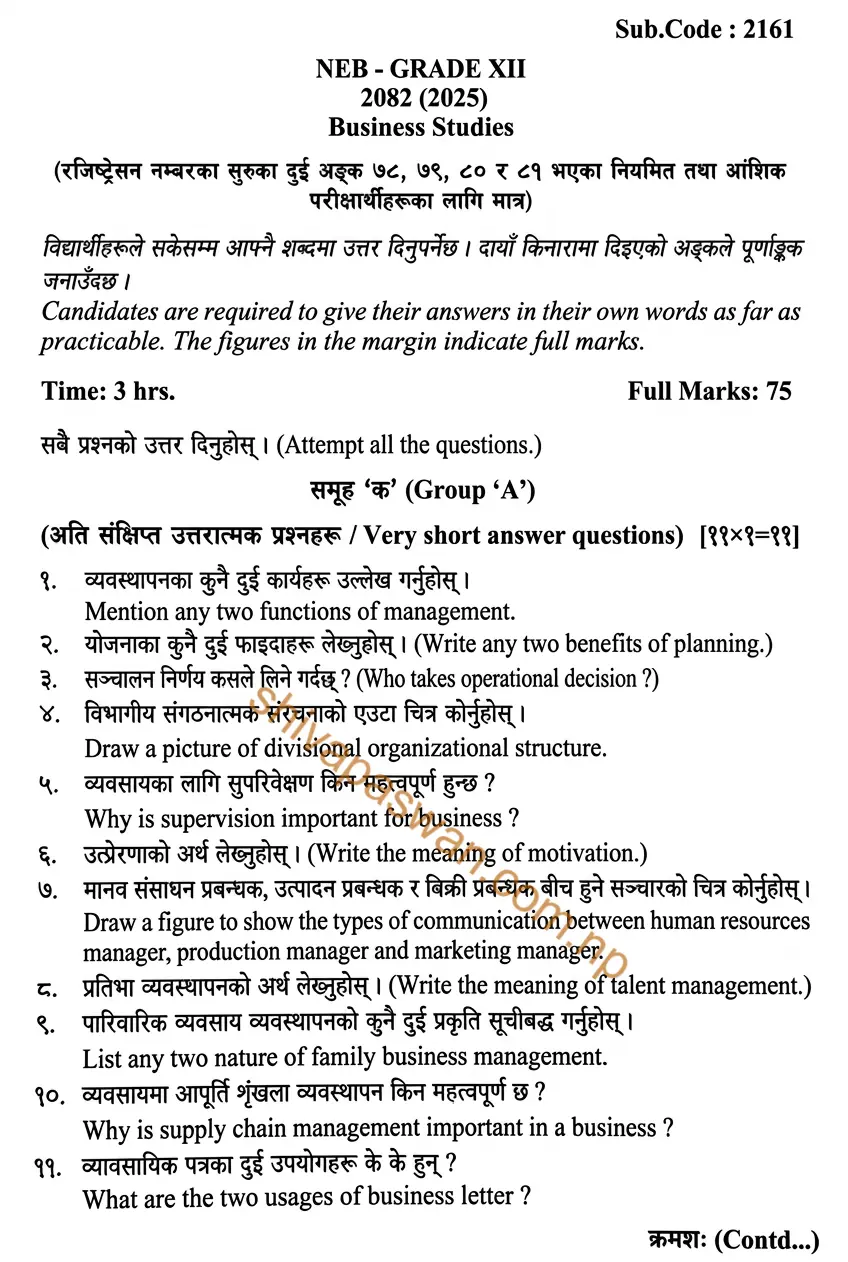 Neb Class 12 Business Studies Model Question 2082