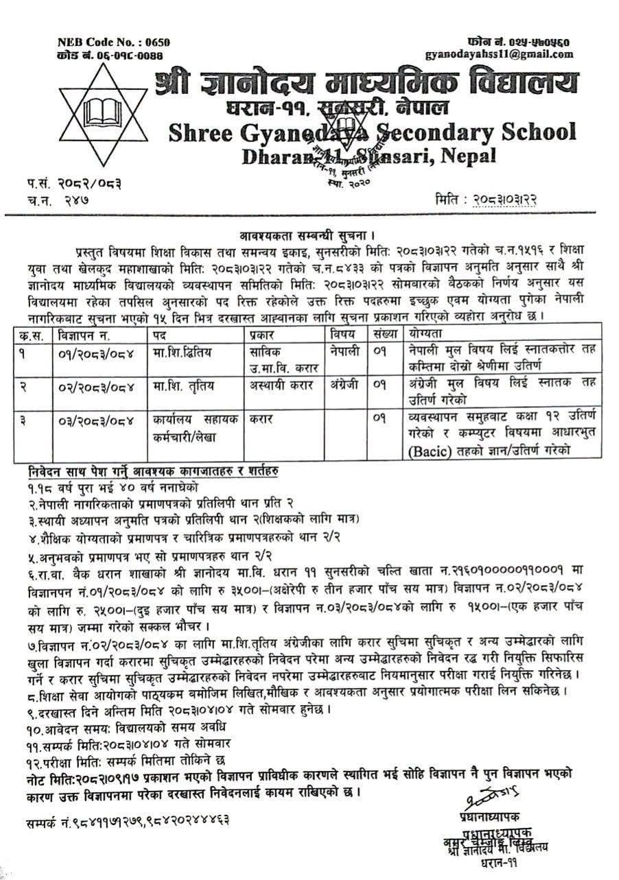 Job Vacancy in Shree Gyanodaya Secondary School Dharan | Teacher & Office Assistant Jobs 2 Shree Gyanadaya Secondary School job